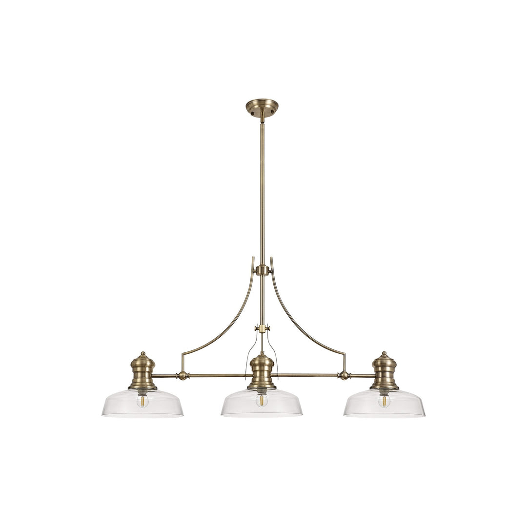 Nelson Lighting NLK03599 Louis 3 Light Telescopic Pendant With 30cm Flat Round Glass Shade Antique Brass/Clear