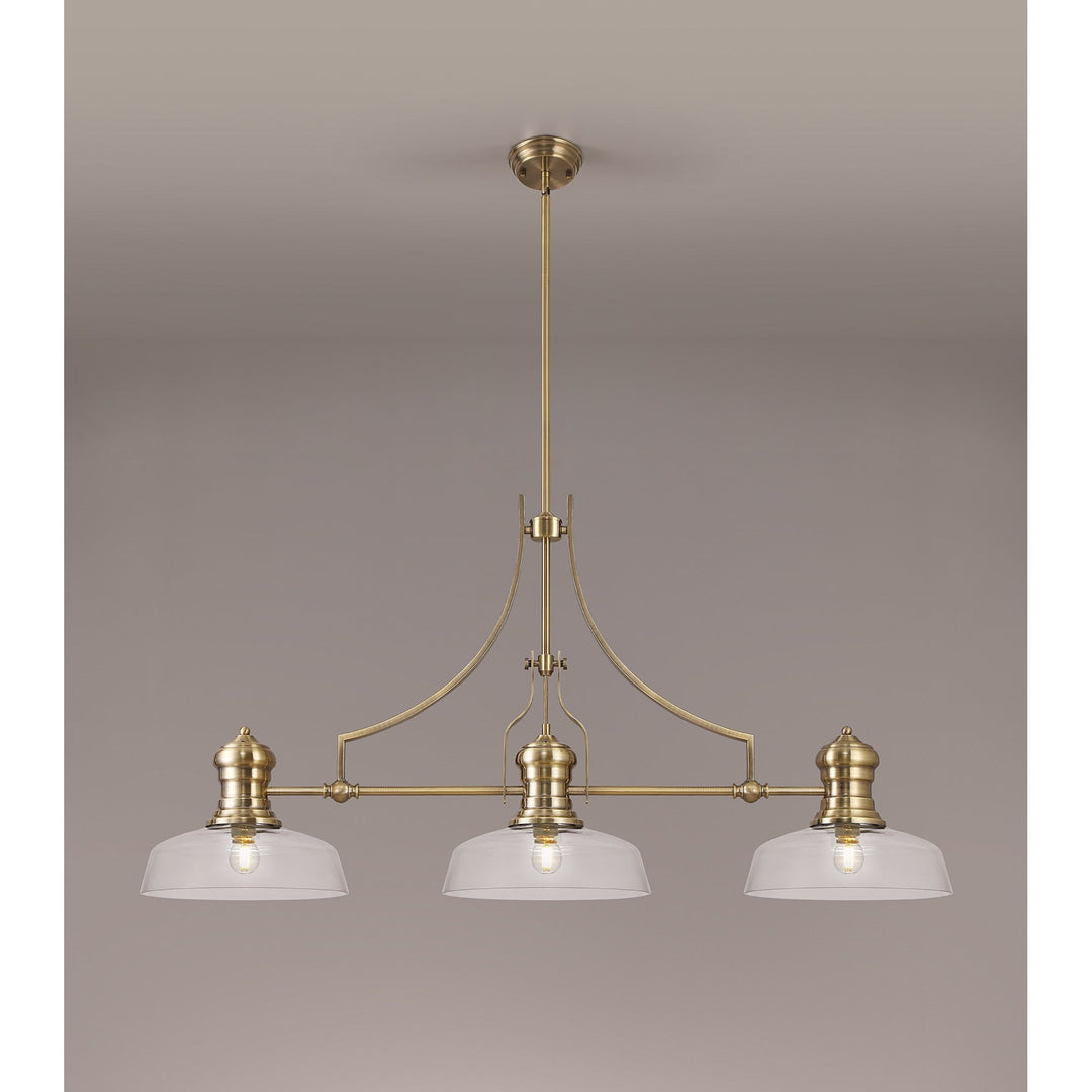 Nelson Lighting NLK03599 Louis 3 Light Telescopic Pendant With 30cm Flat Round Glass Shade Antique Brass/Clear