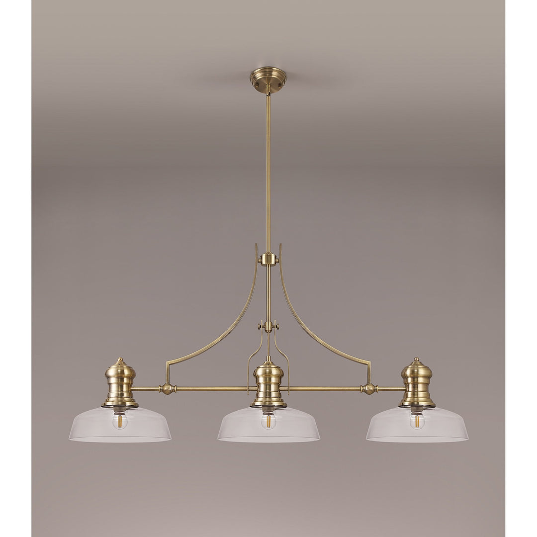 Nelson Lighting NLK03599 Louis 3 Light Telescopic Pendant With 30cm Flat Round Glass Shade Antique Brass/Clear