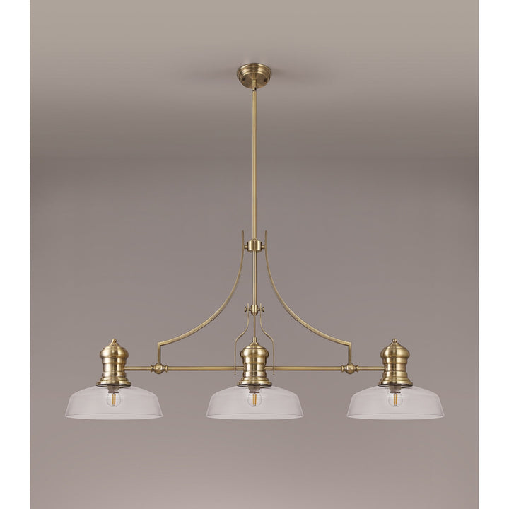 Nelson Lighting NLK03599 Louis 3 Light Telescopic Pendant With 30cm Flat Round Glass Shade Antique Brass/Clear