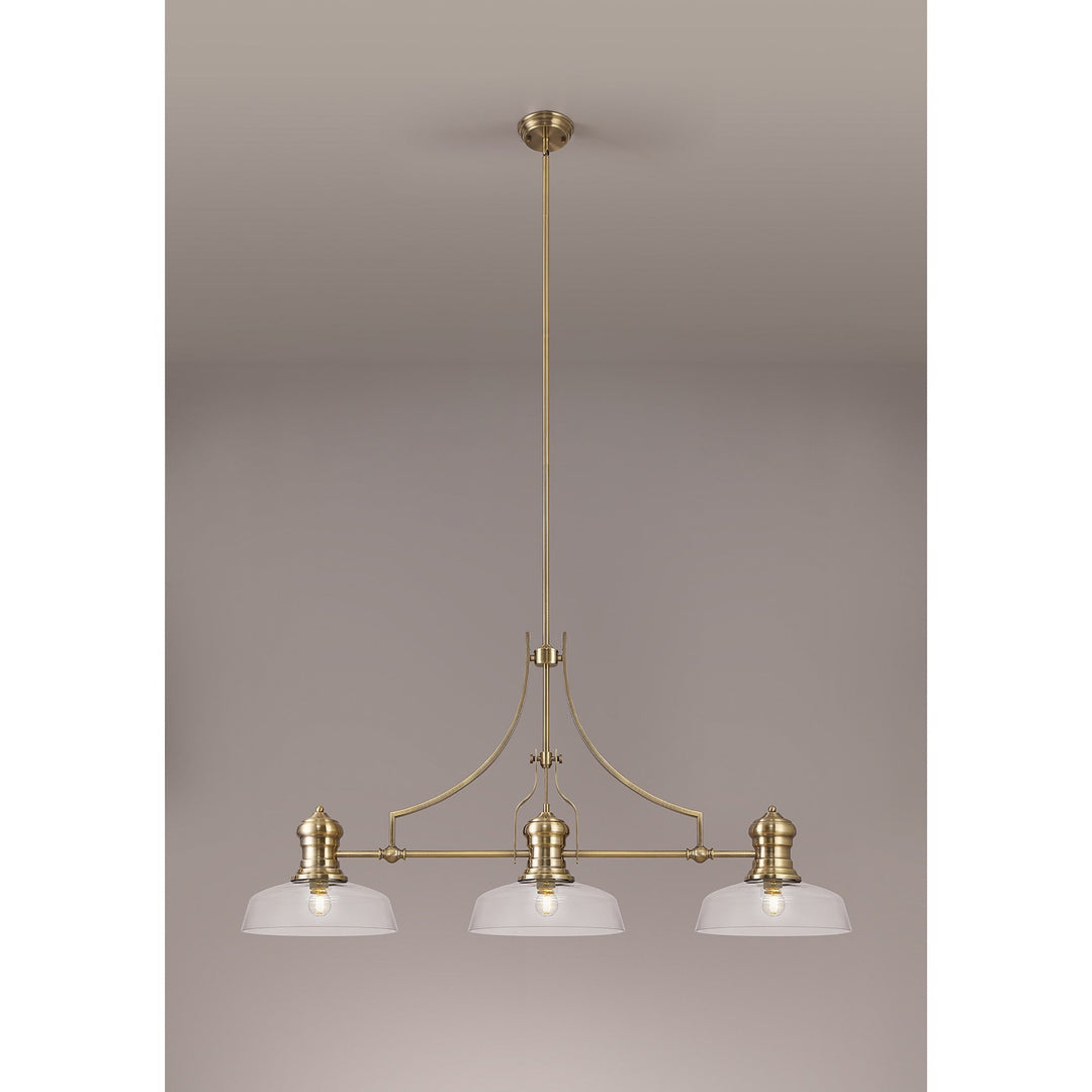 Nelson Lighting NLK03599 Louis 3 Light Telescopic Pendant With 30cm Flat Round Glass Shade Antique Brass/Clear