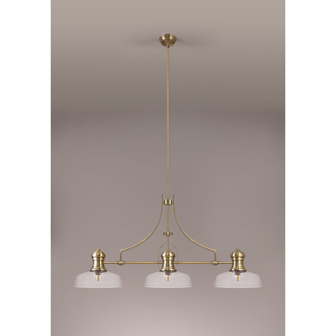 Nelson Lighting NLK03599 Louis 3 Light Telescopic Pendant With 30cm Flat Round Glass Shade Antique Brass/Clear