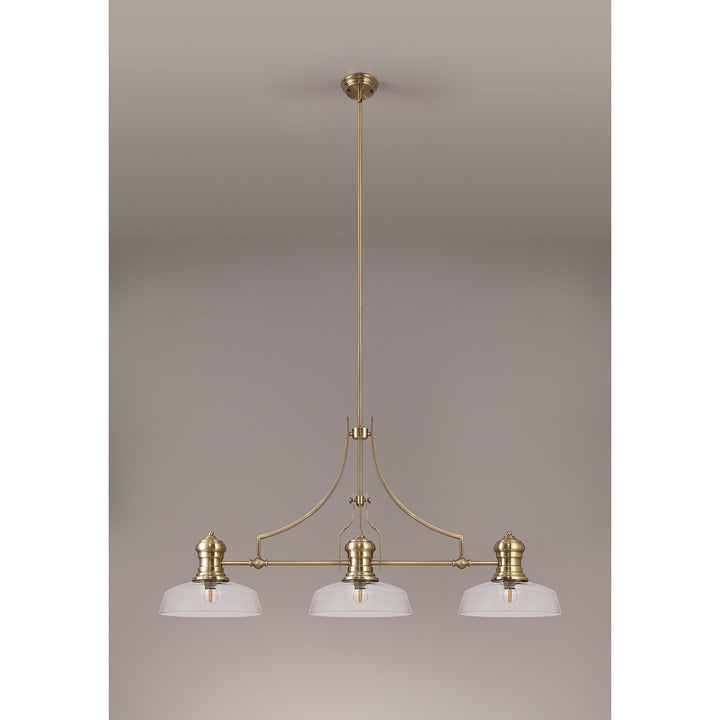 Nelson Lighting NLK03599 Louis 3 Light Telescopic Pendant With 30cm Flat Round Glass Shade Antique Brass/Clear