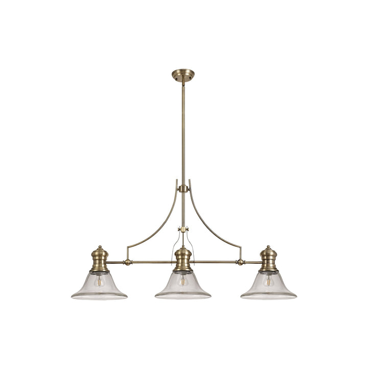 Nelson Lighting NLK03609 Louis 3 Light Telescopic Pendant With 30cm Smooth Bell Glass Shade Antique Brass/Clear