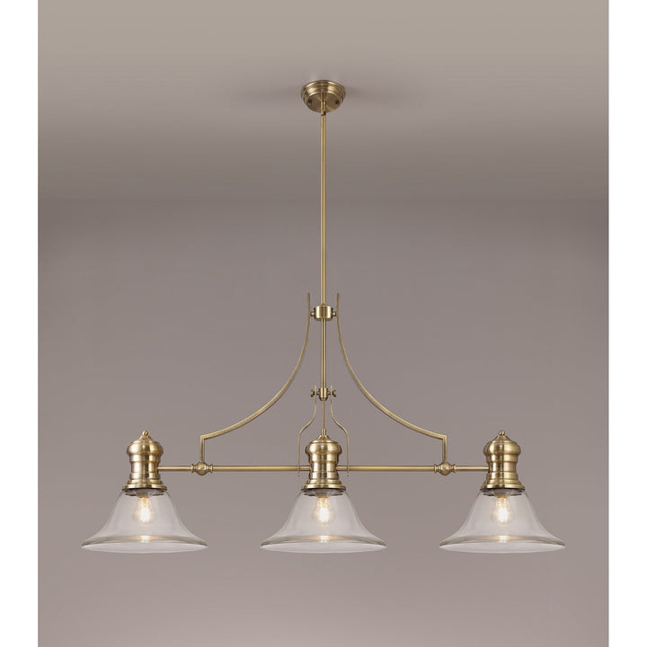 Nelson Lighting NLK03609 Louis 3 Light Telescopic Pendant With 30cm Smooth Bell Glass Shade Antique Brass/Clear