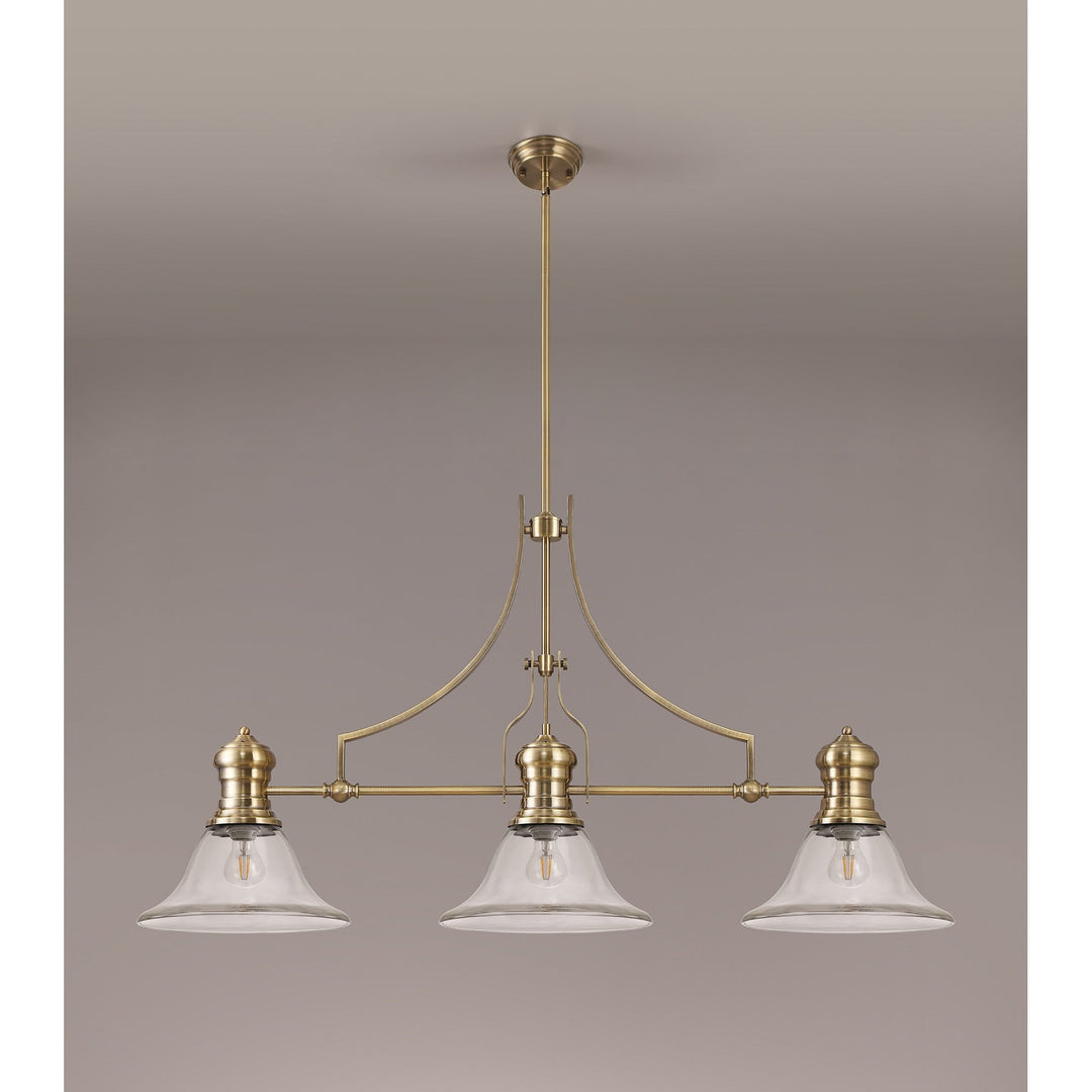 Nelson Lighting NLK03609 Louis 3 Light Telescopic Pendant With 30cm Smooth Bell Glass Shade Antique Brass/Clear