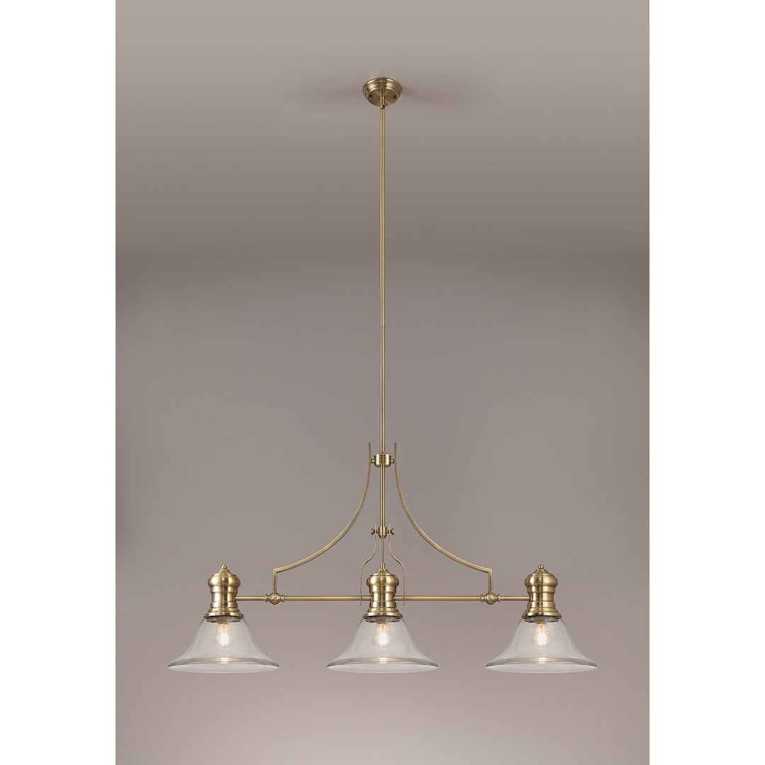 Nelson Lighting NLK03609 Louis 3 Light Telescopic Pendant With 30cm Smooth Bell Glass Shade Antique Brass/Clear