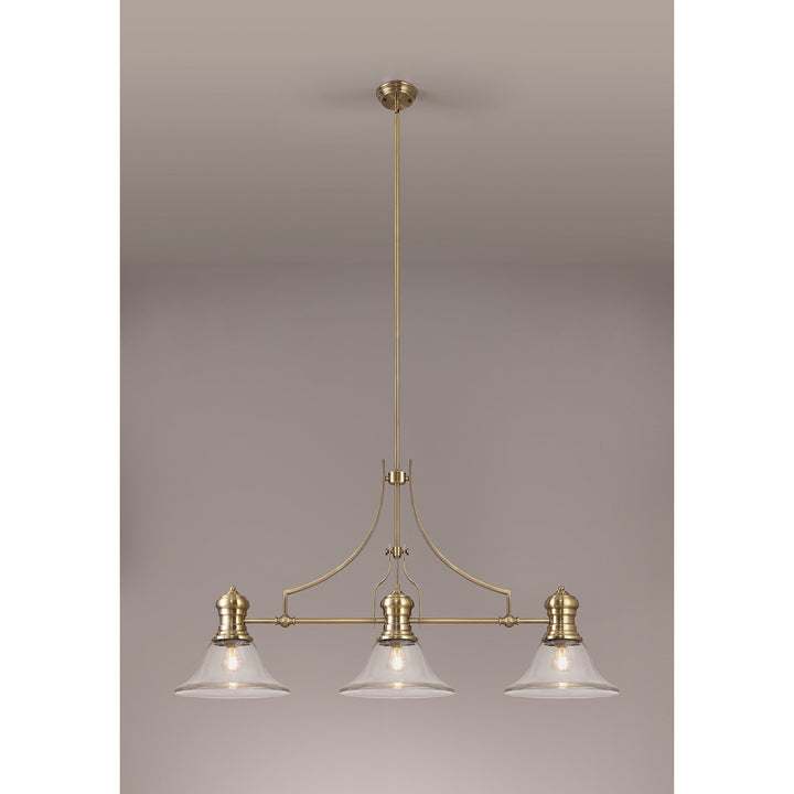 Nelson Lighting NLK03609 Louis 3 Light Telescopic Pendant With 30cm Smooth Bell Glass Shade Antique Brass/Clear