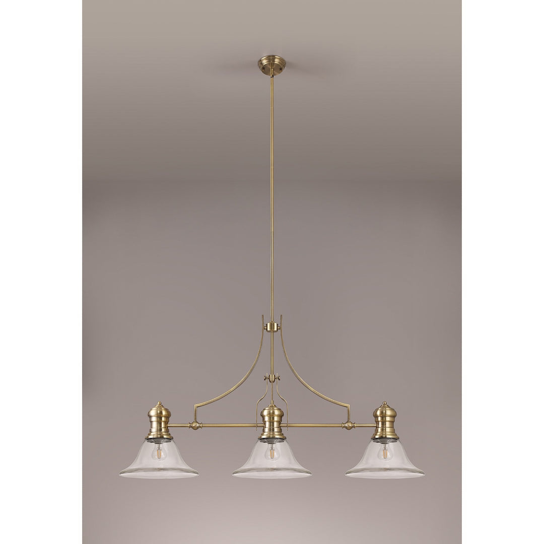 Nelson Lighting NLK03609 Louis 3 Light Telescopic Pendant With 30cm Smooth Bell Glass Shade Antique Brass/Clear