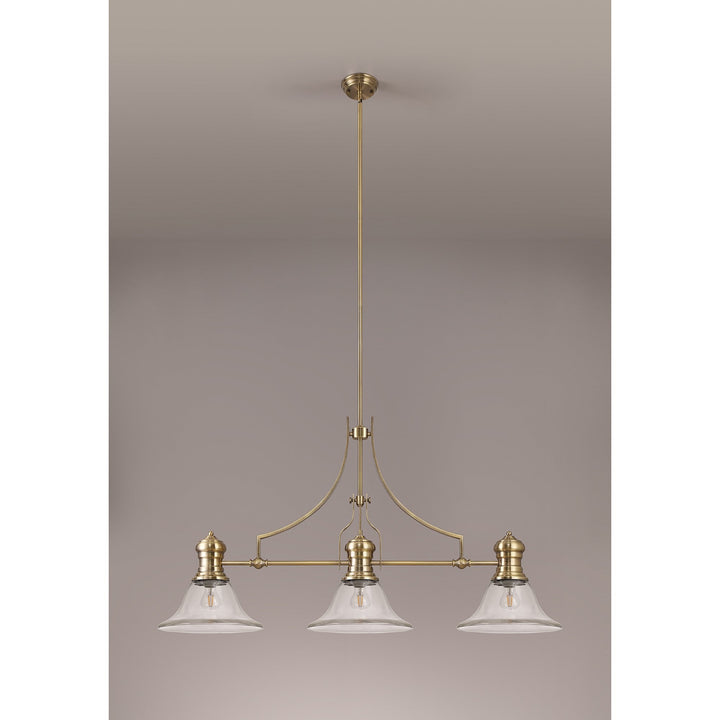 Nelson Lighting NLK03609 Louis 3 Light Telescopic Pendant With 30cm Smooth Bell Glass Shade Antique Brass/Clear