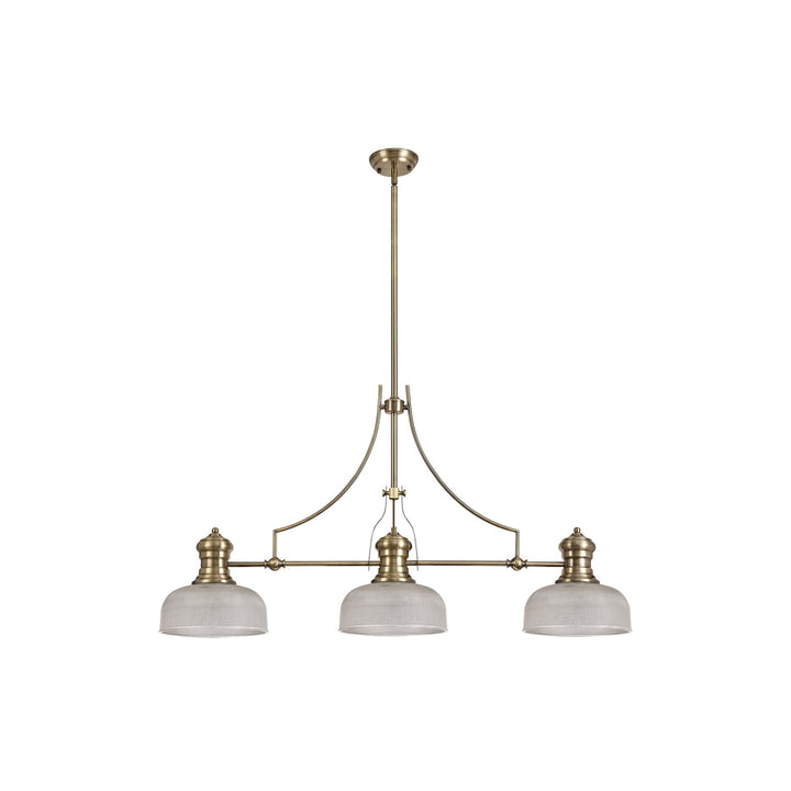 Nelson Lighting NLK03619 Louis 3 Light Telescopic Pendant With 26.5cm Prismatic Glass Shade Antique Brass/Clear