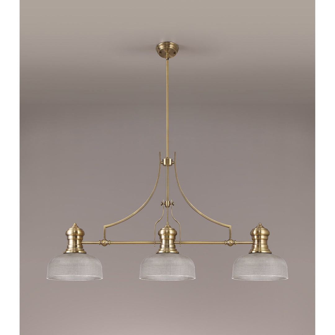 Nelson Lighting NLK03619 Louis 3 Light Telescopic Pendant With 26.5cm Prismatic Glass Shade Antique Brass/Clear