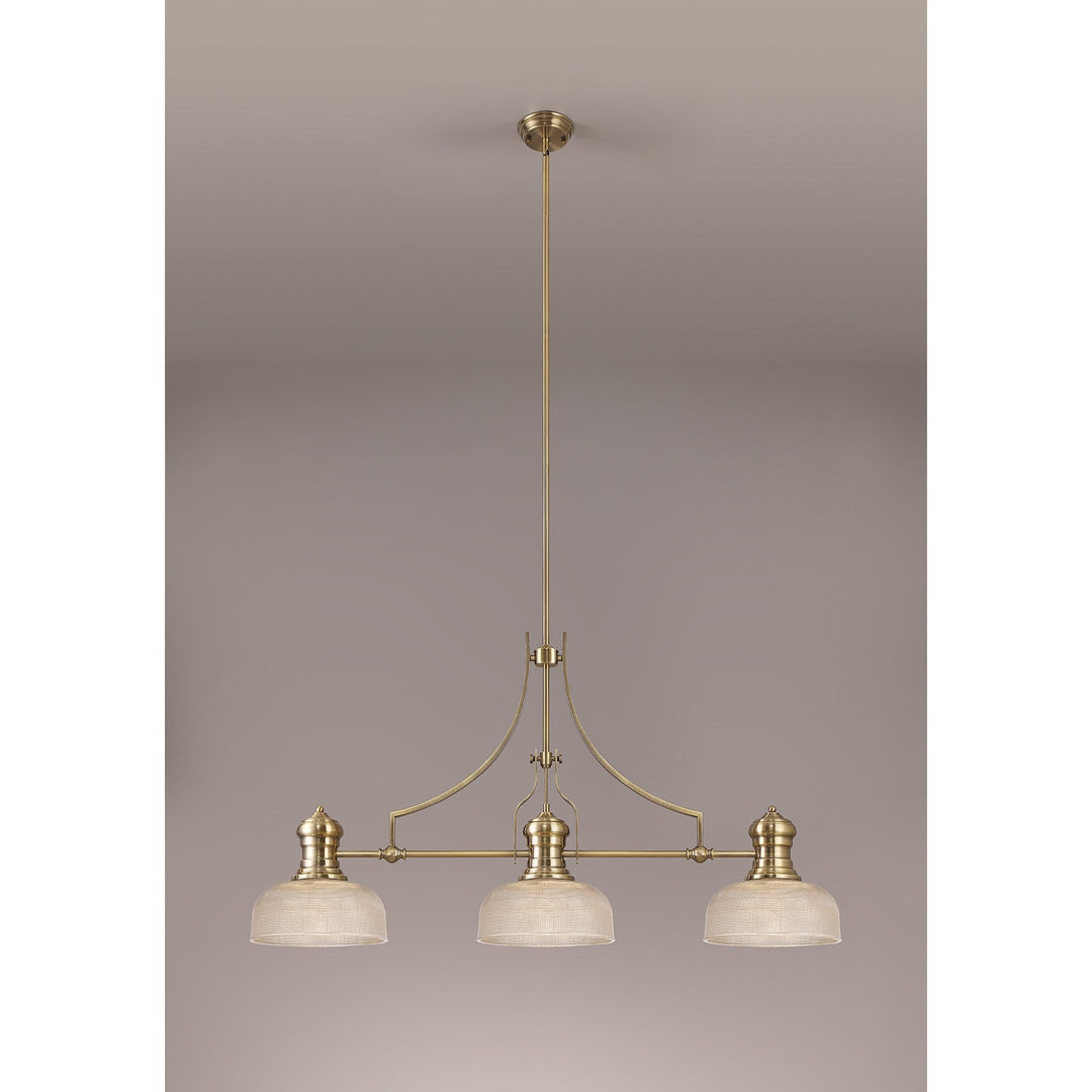 Nelson Lighting NLK03619 Louis 3 Light Telescopic Pendant With 26.5cm Prismatic Glass Shade Antique Brass/Clear