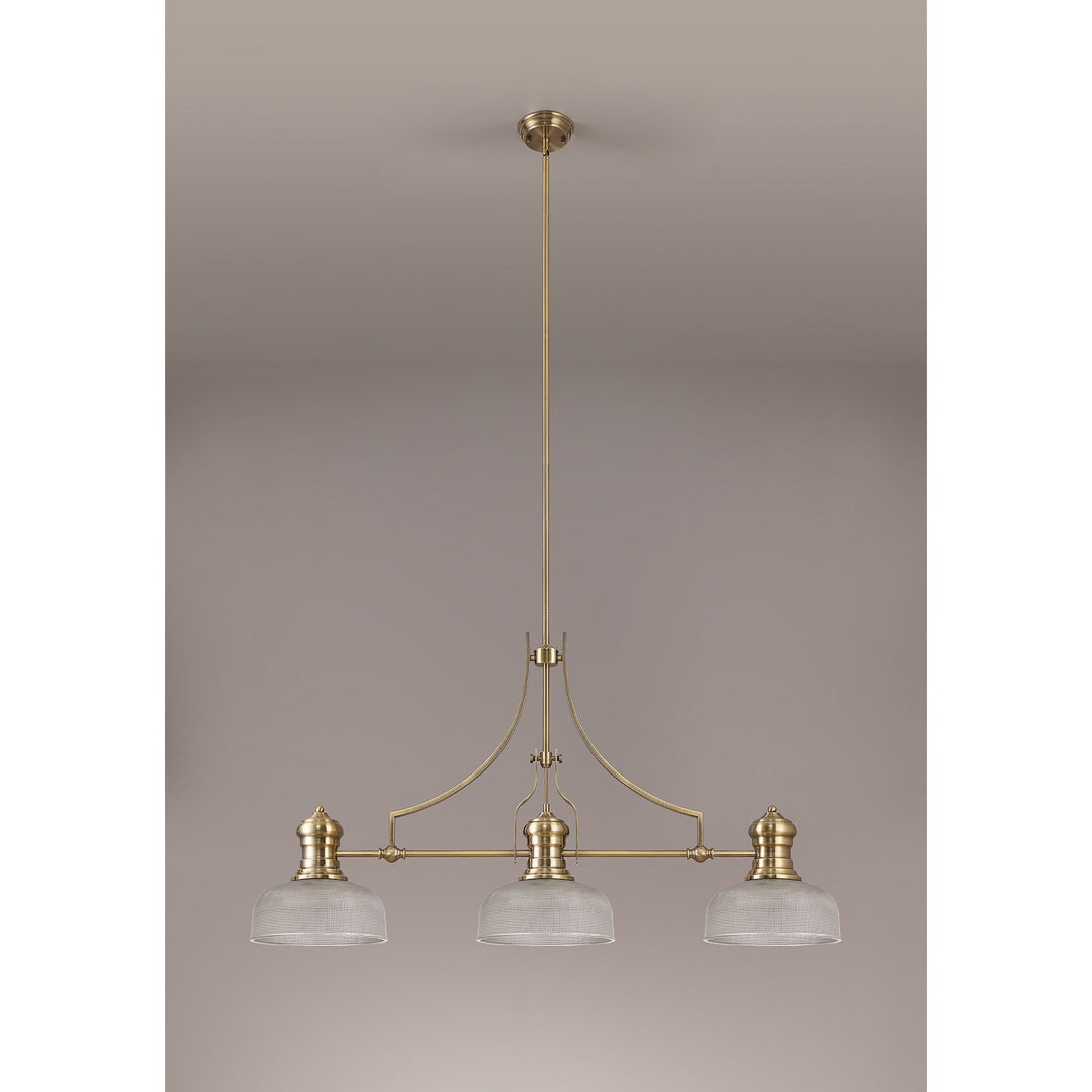 Nelson Lighting NLK03619 Louis 3 Light Telescopic Pendant With 26.5cm Prismatic Glass Shade Antique Brass/Clear