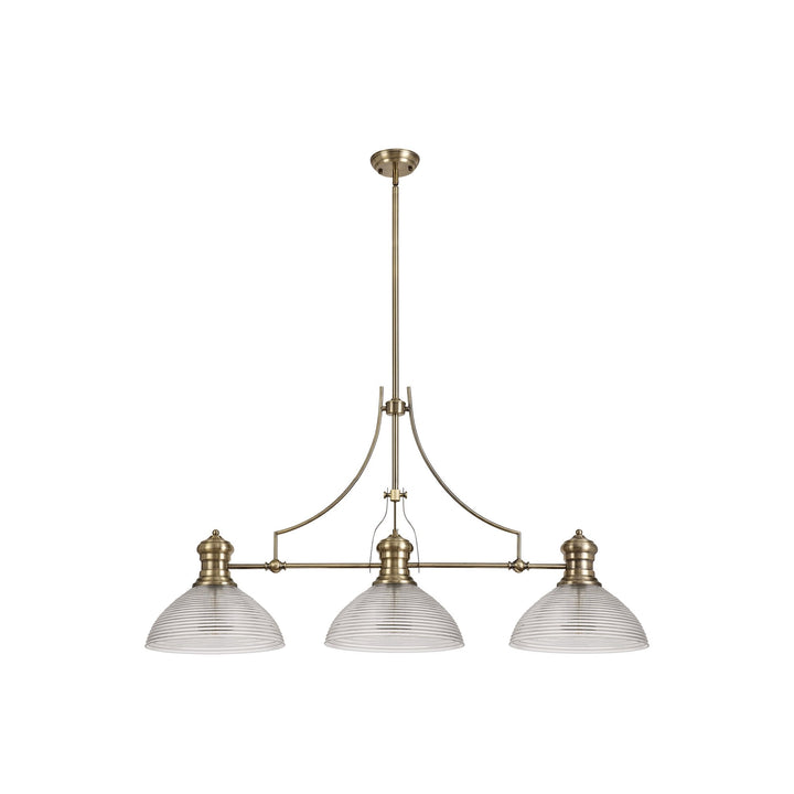 Nelson Lighting NLK03629 Louis 3 Light Telescopic Pendant With 33.5cm Prismatic Glass Shade Antique Brass/Clear