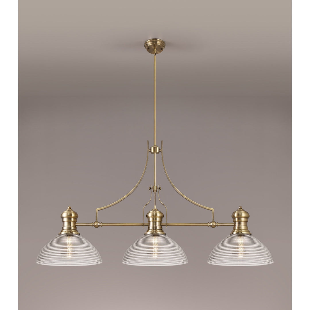 Nelson Lighting NLK03629 Louis 3 Light Telescopic Pendant With 33.5cm Prismatic Glass Shade Antique Brass/Clear