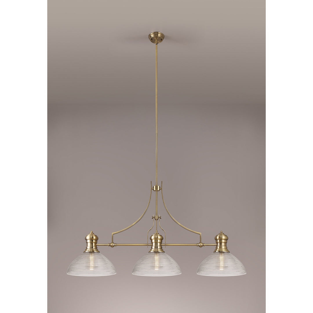 Nelson Lighting NLK03629 Louis 3 Light Telescopic Pendant With 33.5cm Prismatic Glass Shade Antique Brass/Clear