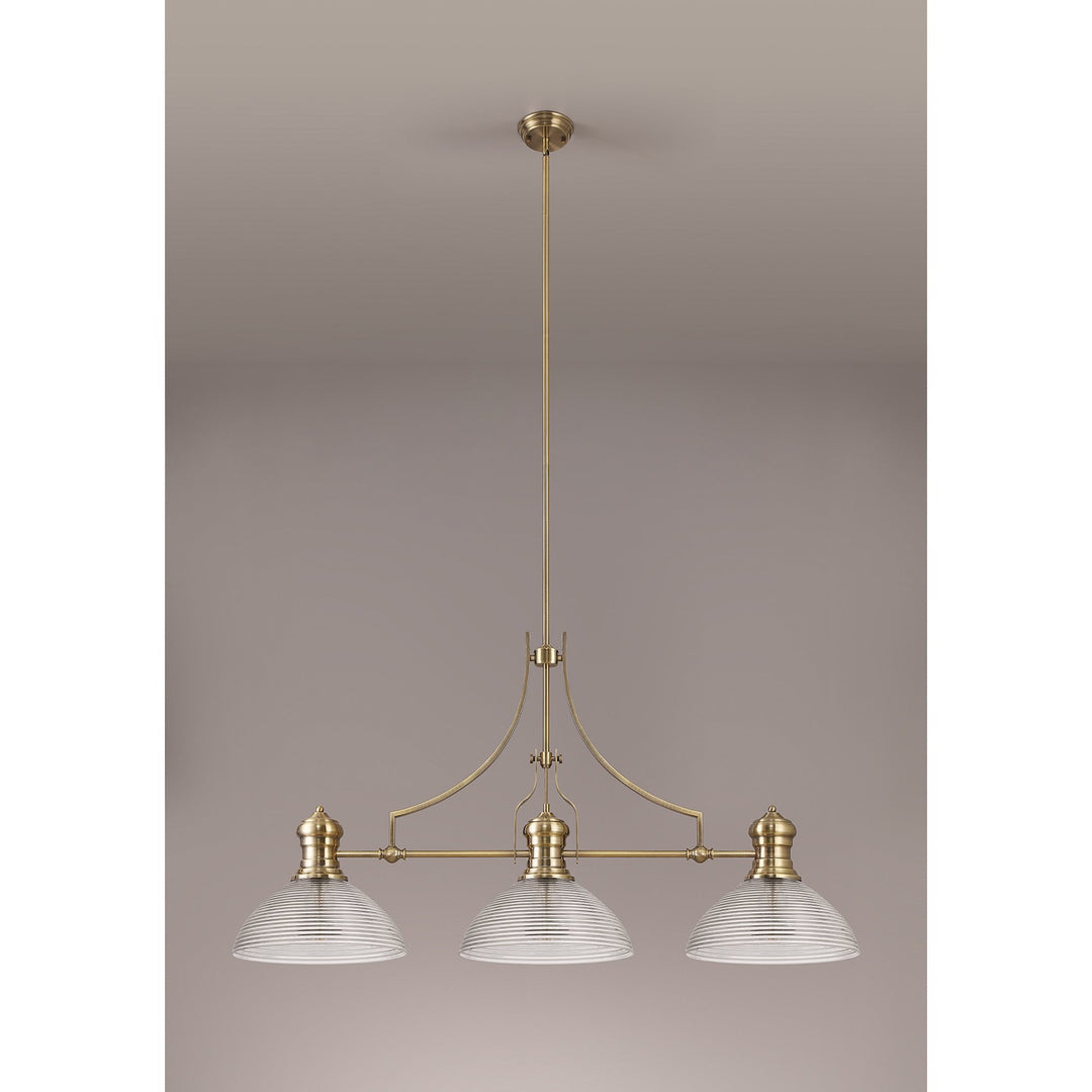 Nelson Lighting NLK03629 Louis 3 Light Telescopic Pendant With 33.5cm Prismatic Glass Shade Antique Brass/Clear