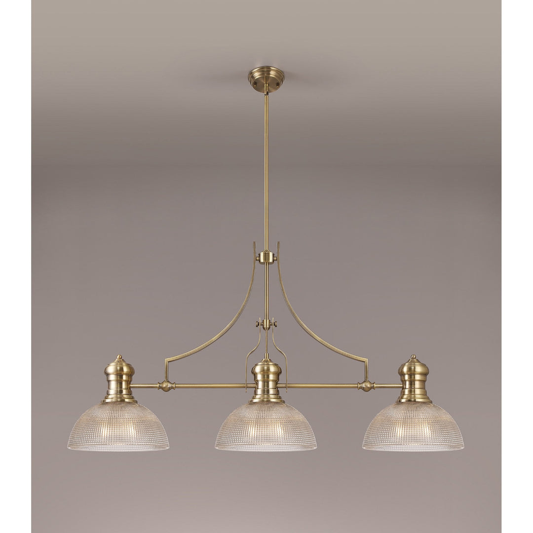 Nelson Lighting NLK03639 Louis 3 Light Telescopic Pendant With 30cm Prismatic Glass Shade Antique Brass/Clear