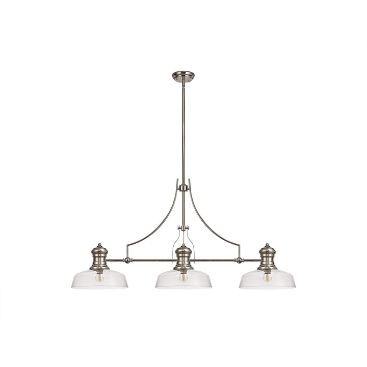 Nelson Lighting NLK03719 Louis 3 Light Telescopic Pendant With 30cm Flat Round Glass Shade Polished Nickel/Clear