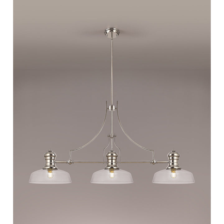 Nelson Lighting NLK03719 Louis 3 Light Telescopic Pendant With 30cm Flat Round Glass Shade Polished Nickel/Clear