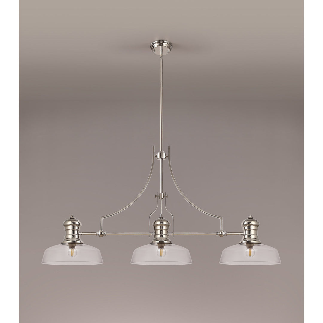 Nelson Lighting NLK03719 Louis 3 Light Telescopic Pendant With 30cm Flat Round Glass Shade Polished Nickel/Clear