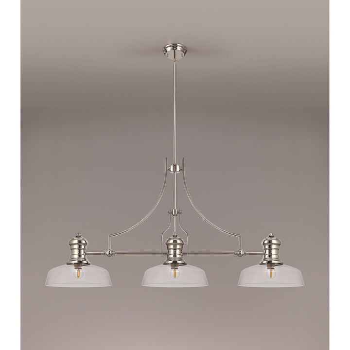 Nelson Lighting NLK03719 Louis 3 Light Telescopic Pendant With 30cm Flat Round Glass Shade Polished Nickel/Clear