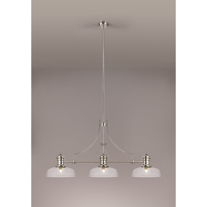 Nelson Lighting NLK03719 Louis 3 Light Telescopic Pendant With 30cm Flat Round Glass Shade Polished Nickel/Clear