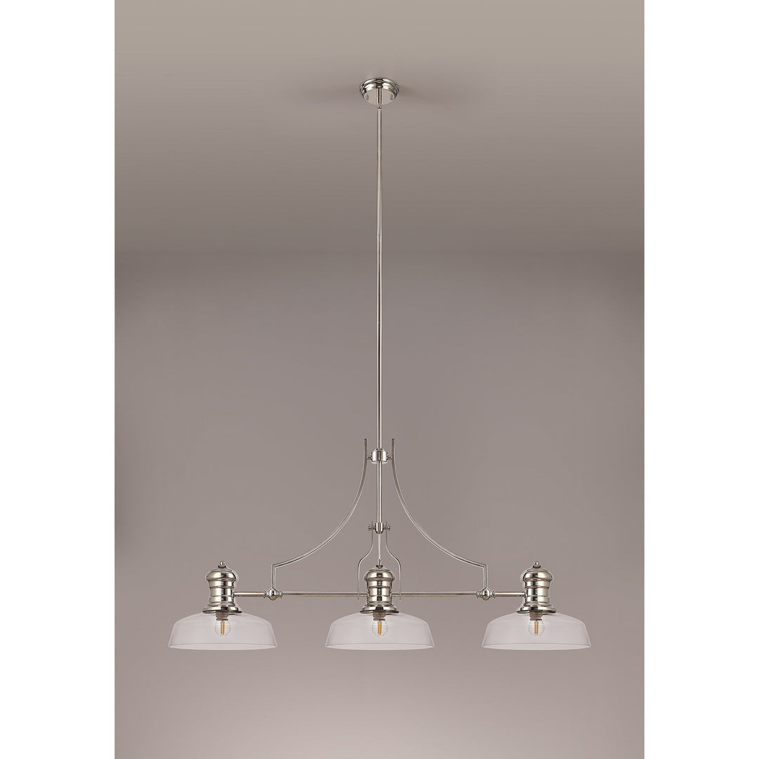 Nelson Lighting NLK03719 Louis 3 Light Telescopic Pendant With 30cm Flat Round Glass Shade Polished Nickel/Clear