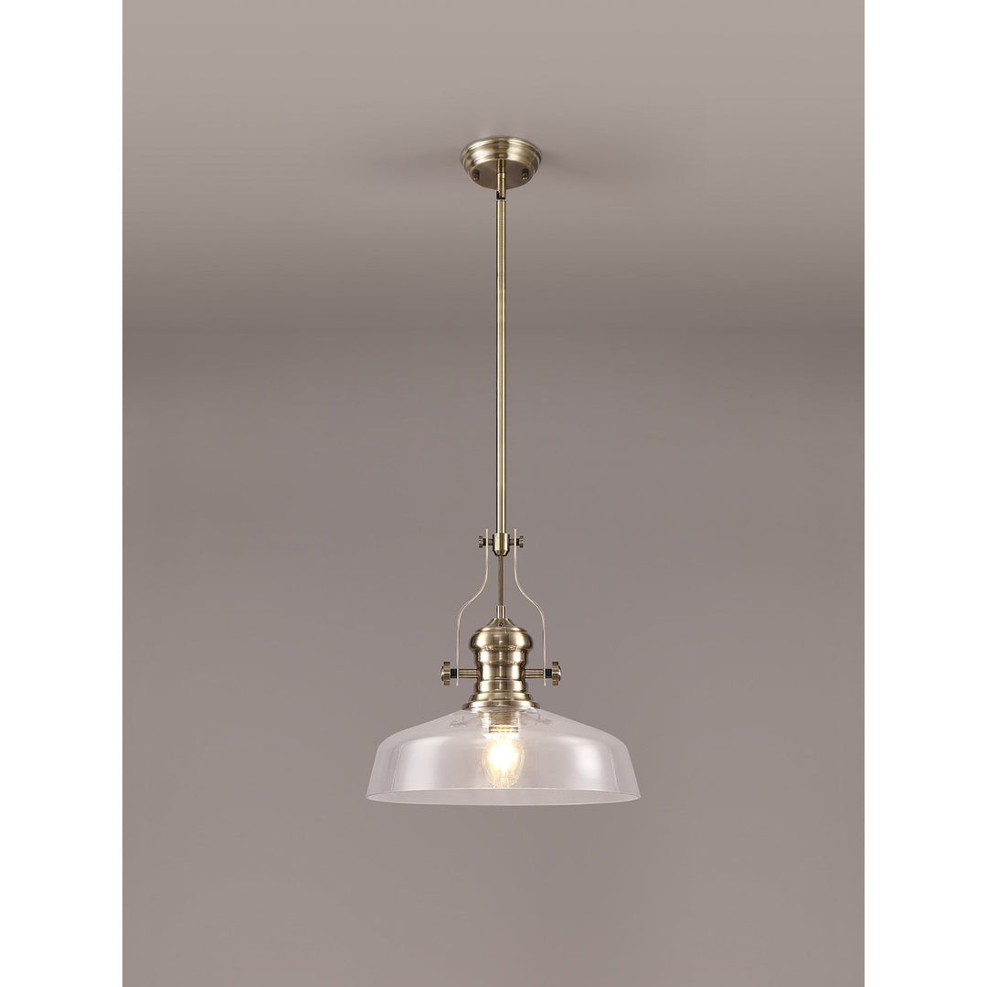 Nelson Lighting NLK04609 Louis Pendant With 38cm Flat Round Shade Antique Brass/Clear Glass