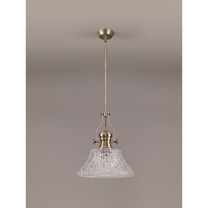 Nelson Lighting NLK04619 Louis Pendant With 38cm Patterned Round Shade Antique Brass/Clear Glass