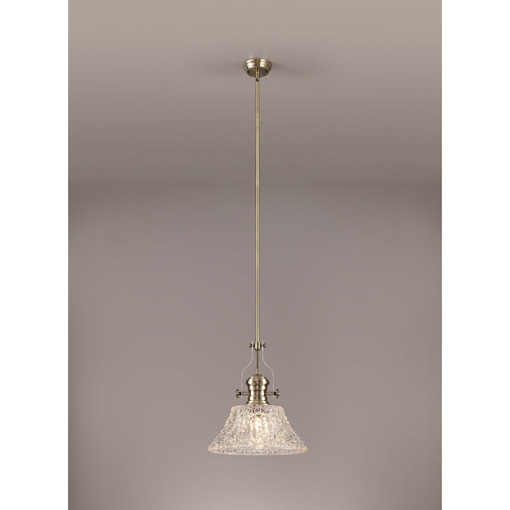 Nelson Lighting NLK04619 Louis Pendant With 38cm Patterned Round Shade Antique Brass/Clear Glass