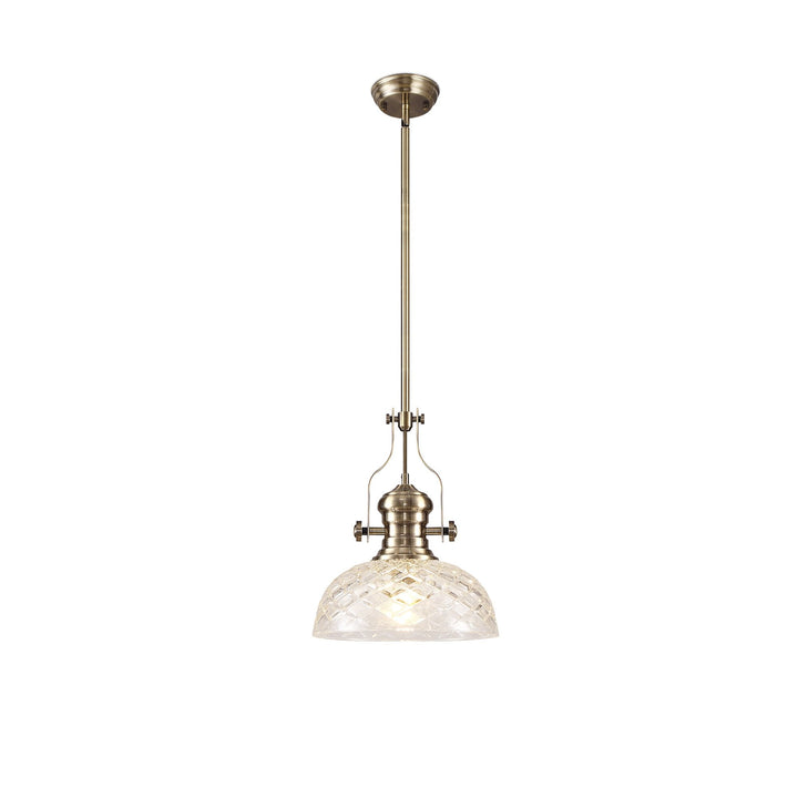 Nelson Lighting NLK04629 Louis Pendant With 30cm Flat Round Patterned Shade Antique Brass/Clear Glass