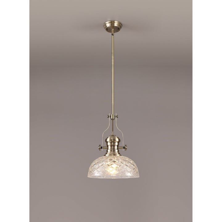 Nelson Lighting NLK04629 Louis Pendant With 30cm Flat Round Patterned Shade Antique Brass/Clear Glass