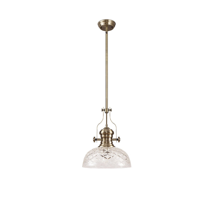 Nelson Lighting NLK04629 Louis Pendant With 30cm Flat Round Patterned Shade Antique Brass/Clear Glass