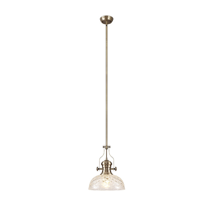 Nelson Lighting NLK04629 Louis Pendant With 30cm Flat Round Patterned Shade Antique Brass/Clear Glass