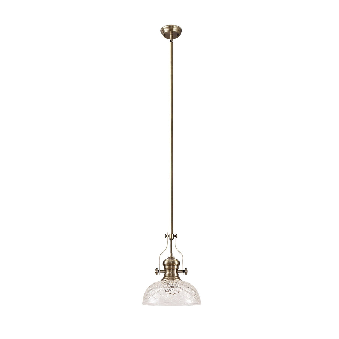 Nelson Lighting NLK04629 Louis Pendant With 30cm Flat Round Patterned Shade Antique Brass/Clear Glass