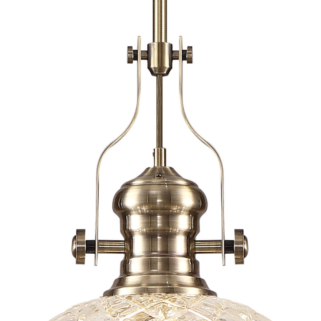 Nelson Lighting NLK04629 Louis Pendant With 30cm Flat Round Patterned Shade Antique Brass/Clear Glass