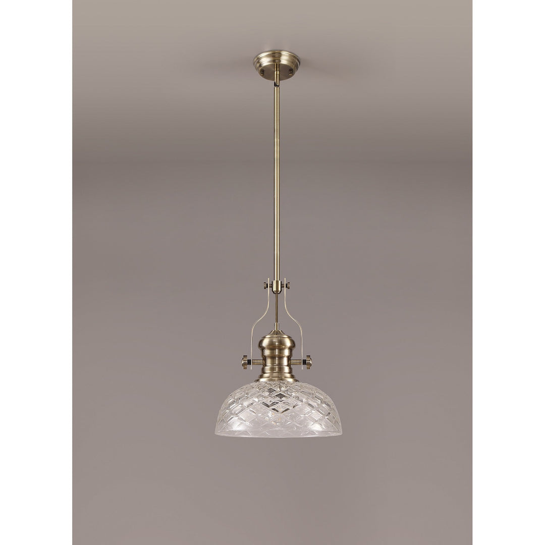 Nelson Lighting NLK04629 Louis Pendant With 30cm Flat Round Patterned Shade Antique Brass/Clear Glass