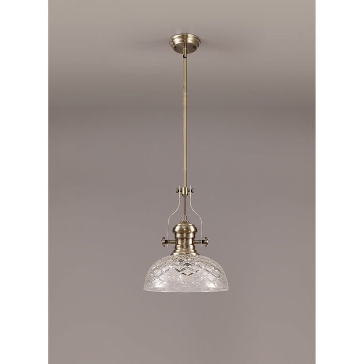 Nelson Lighting NLK04629 Louis Pendant With 30cm Flat Round Patterned Shade Antique Brass/Clear Glass