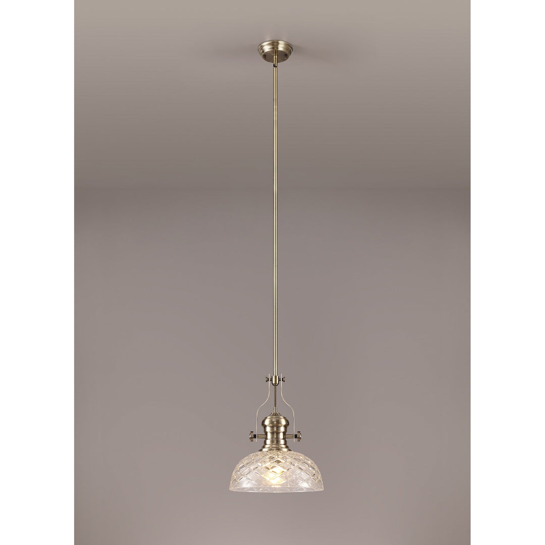 Nelson Lighting NLK04629 Louis Pendant With 30cm Flat Round Patterned Shade Antique Brass/Clear Glass