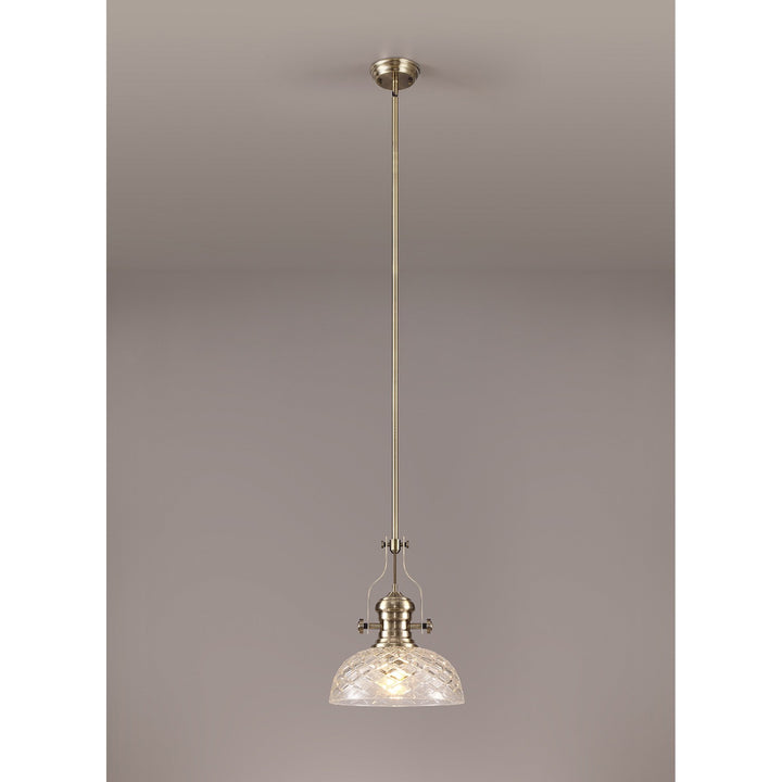 Nelson Lighting NLK04629 Louis Pendant With 30cm Flat Round Patterned Shade Antique Brass/Clear Glass