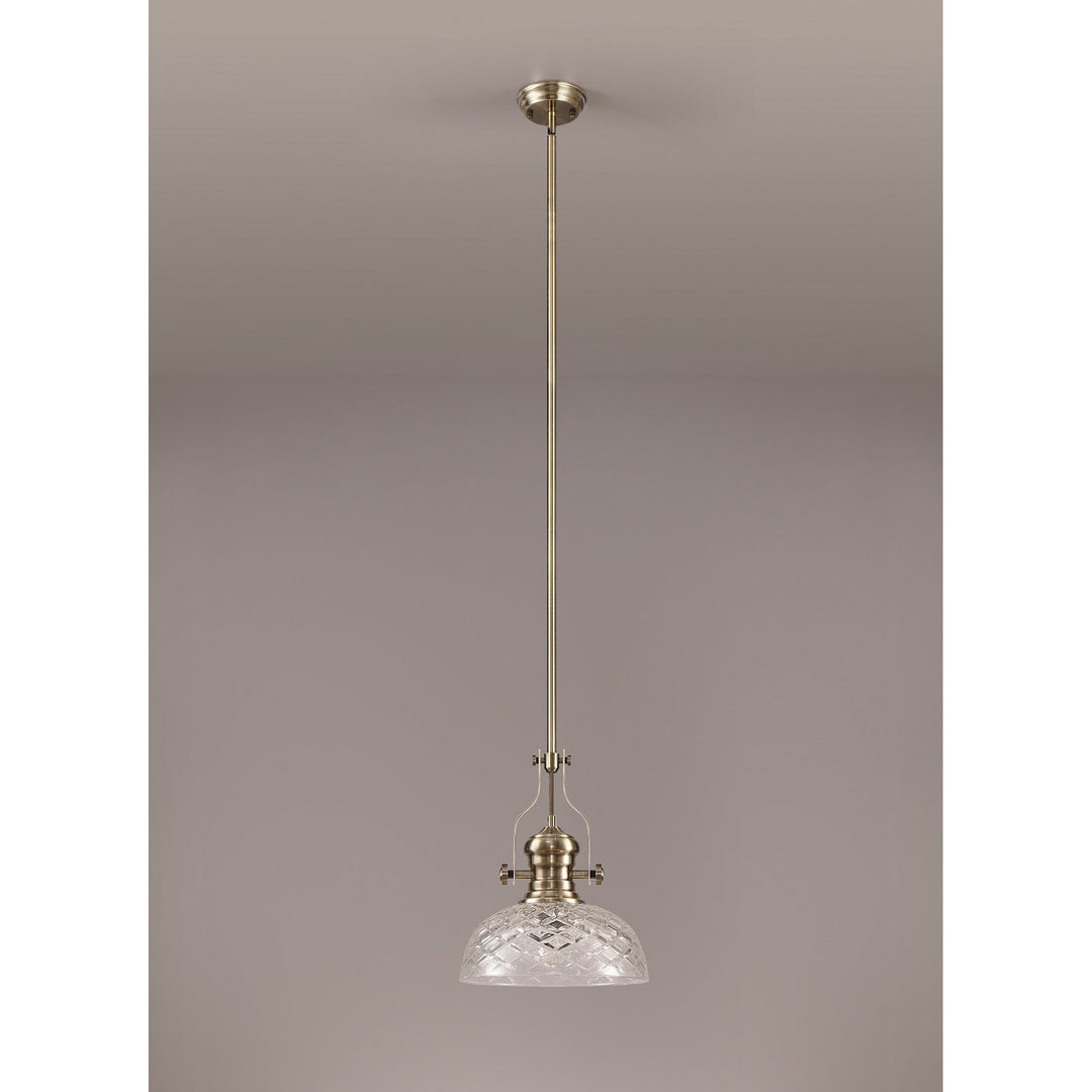 Nelson Lighting NLK04629 Louis Pendant With 30cm Flat Round Patterned Shade Antique Brass/Clear Glass