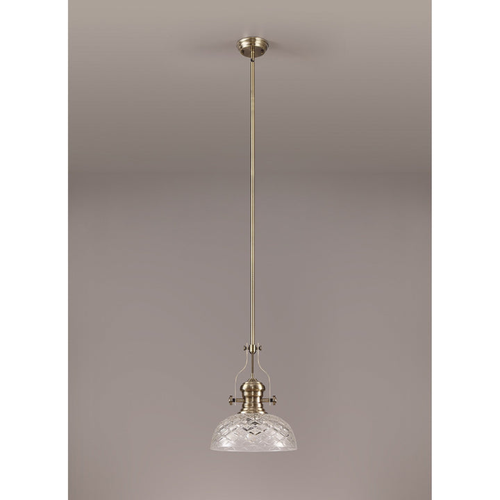 Nelson Lighting NLK04629 Louis Pendant With 30cm Flat Round Patterned Shade Antique Brass/Clear Glass