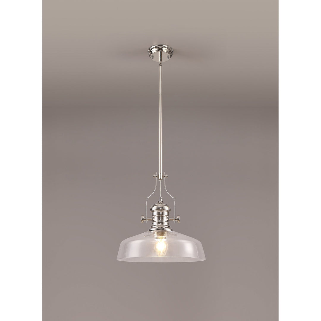 Nelson Lighting NLK04639 Louis Pendant With 38cm Flat Round Shade Polished Nickel/Clear Glass