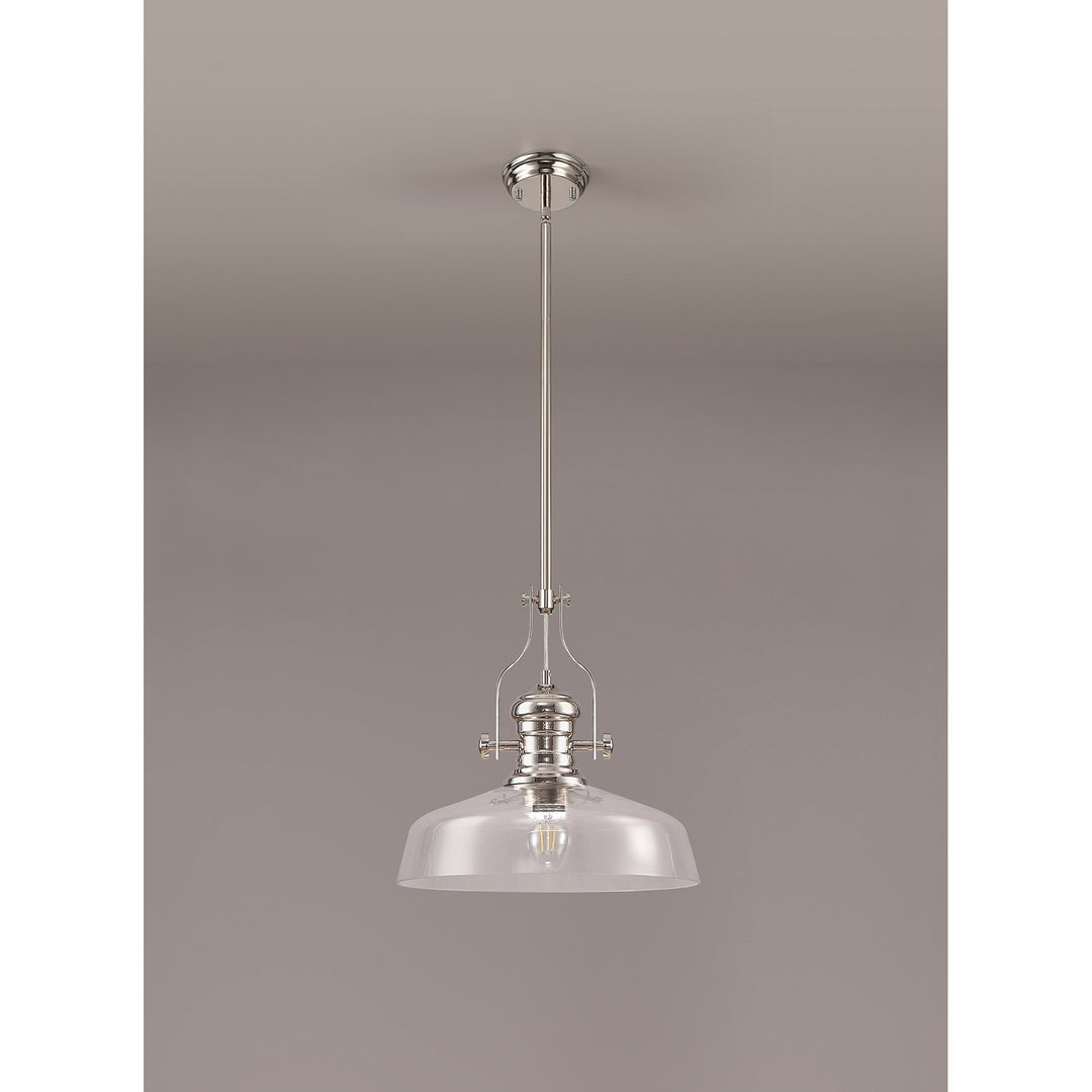 Nelson Lighting NLK04639 Louis Pendant With 38cm Flat Round Shade Polished Nickel/Clear Glass