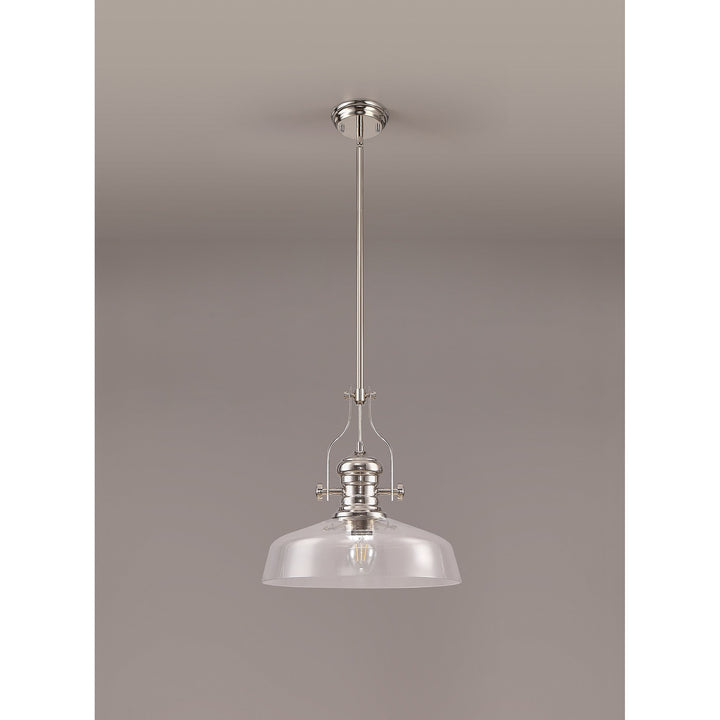 Nelson Lighting NLK04639 Louis Pendant With 38cm Flat Round Shade Polished Nickel/Clear Glass