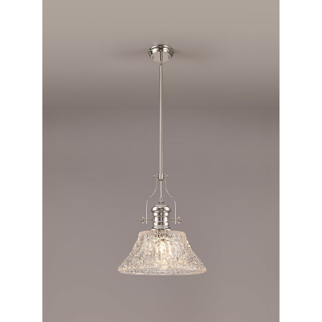 Nelson Lighting NLK04659 Louis Pendant With 38cm Patterned Round Shade Polished Nickel/Clear Glass