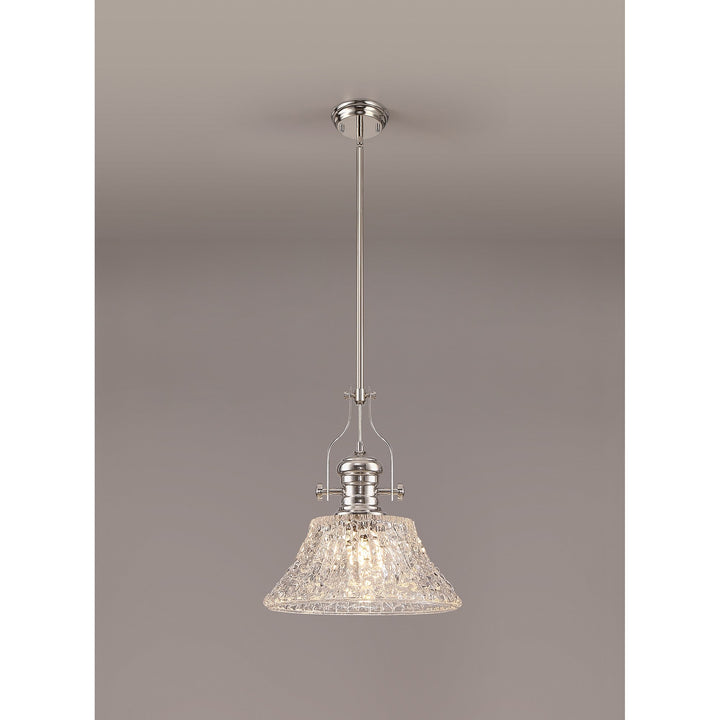 Nelson Lighting NLK04659 Louis Pendant With 38cm Patterned Round Shade Polished Nickel/Clear Glass