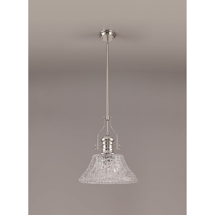 Nelson Lighting NLK04659 Louis Pendant With 38cm Patterned Round Shade Polished Nickel/Clear Glass